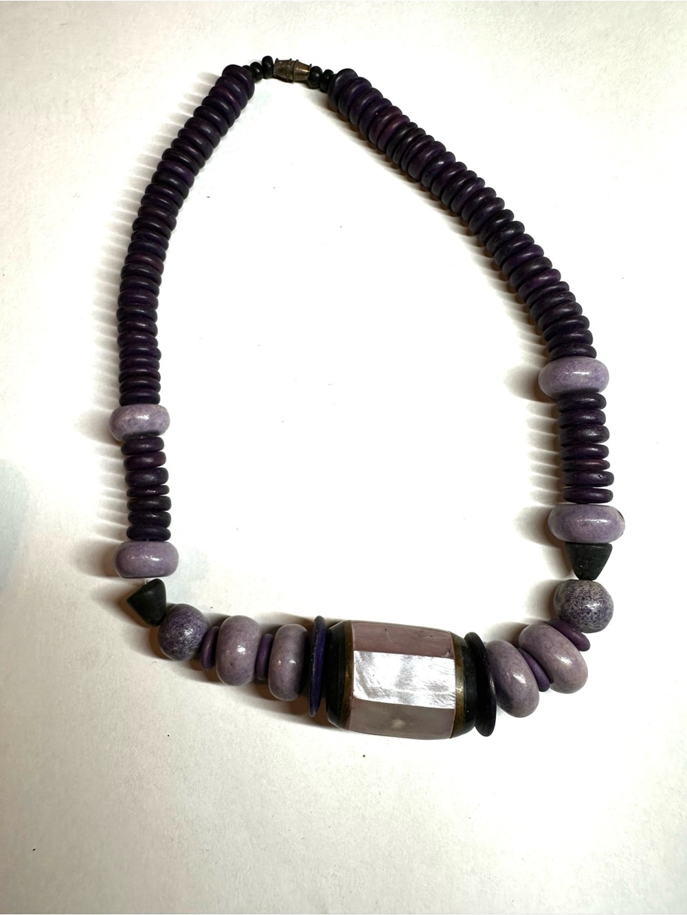 Vintage Purple Wood Bead MOP Inlay Focal Barrel Bead Statement Necklace Brass Cl